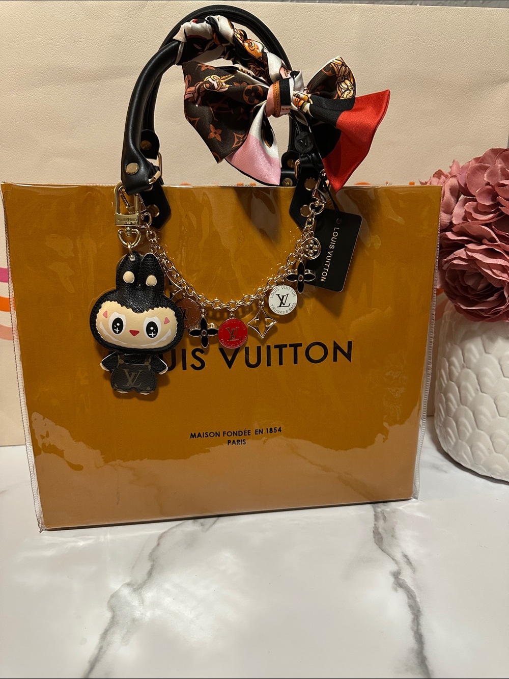 🤩🧡💙Handmade Louis Vuitton Gift Bag Tote with Bag Chain, Scarf & Key Chain 🧡😻